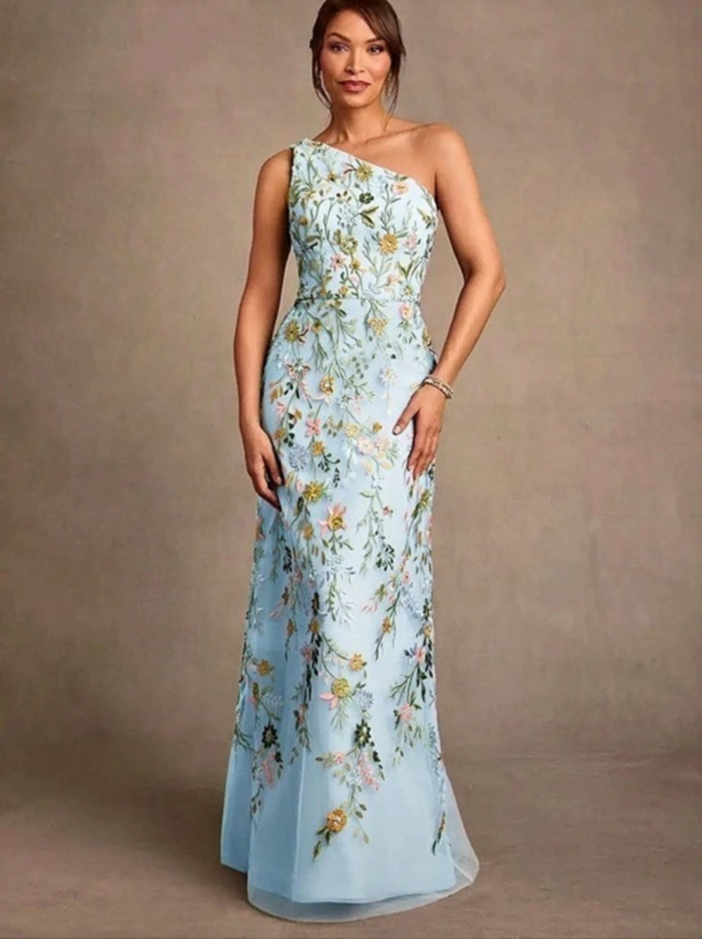 Azazie Bertie Floral Sky Blue A-Line Dress Size 10
